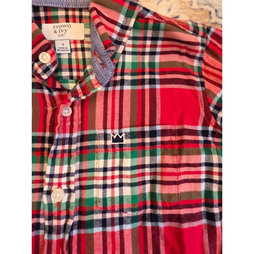 Crown‎ & Ivy 5 Plaid Red Green Navy Long Sleeve Button Down Shirt 100% Cotton